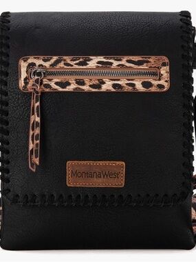 Montana West Black Vegan Leather Crossbody Bag with Leopard Trim